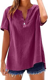 Summer Tops for Women 2025 Casual Cotton Linen Shirts Short Sleeve Solid Color Blouses Loose Work Tops with Pockets