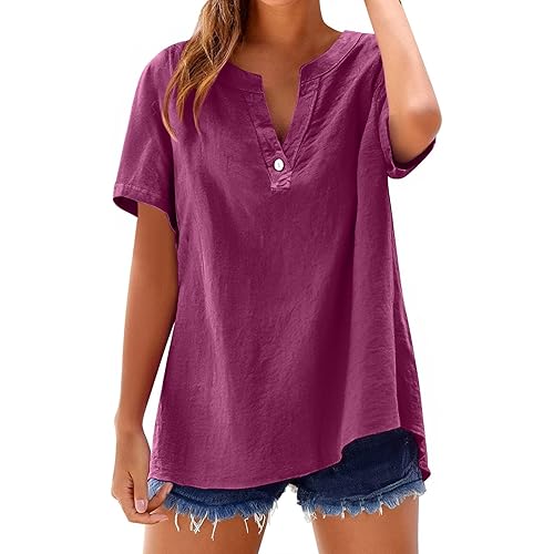Summer Tops for Women 2025 Casual Cotton Linen Shirts Short Sleeve Solid Color Blouses Loose Work Tops with Pockets