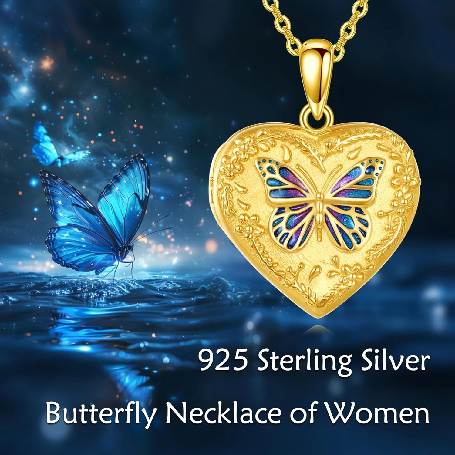 Butterfly Locket Necklace That Holds 2 Pictures 925 Sterling Silver 10K 14K 18k Real Gold Heart Locket Necklace Photo Jewelry Gifts for Women Mother Mom Wife Mother's Day Christmas Birthday - Image 6
