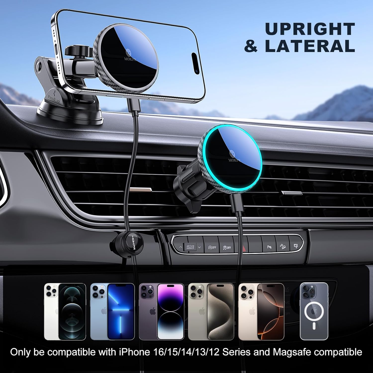 MOKPR Only for iPhone Magsafe Car Mount Charger, Magnetic Phone Holder for Your Car Charger Dash Windshield Vent Magnetic Wireless Car Charger Mount for iPhone 17 16 15 14 13 12 Carbon Firber