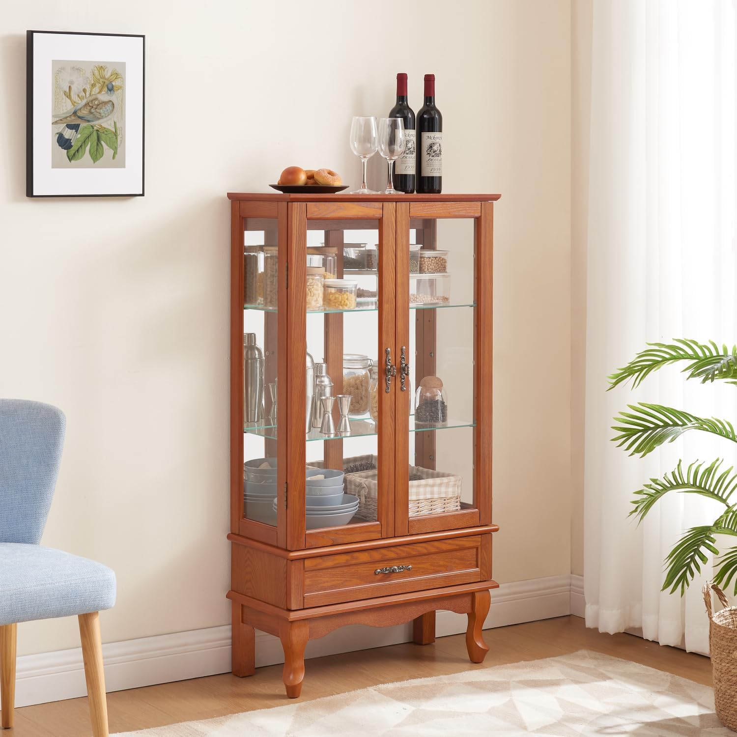 Lighted Glass Display Cabinet with Adjustable Shelves and Drawer