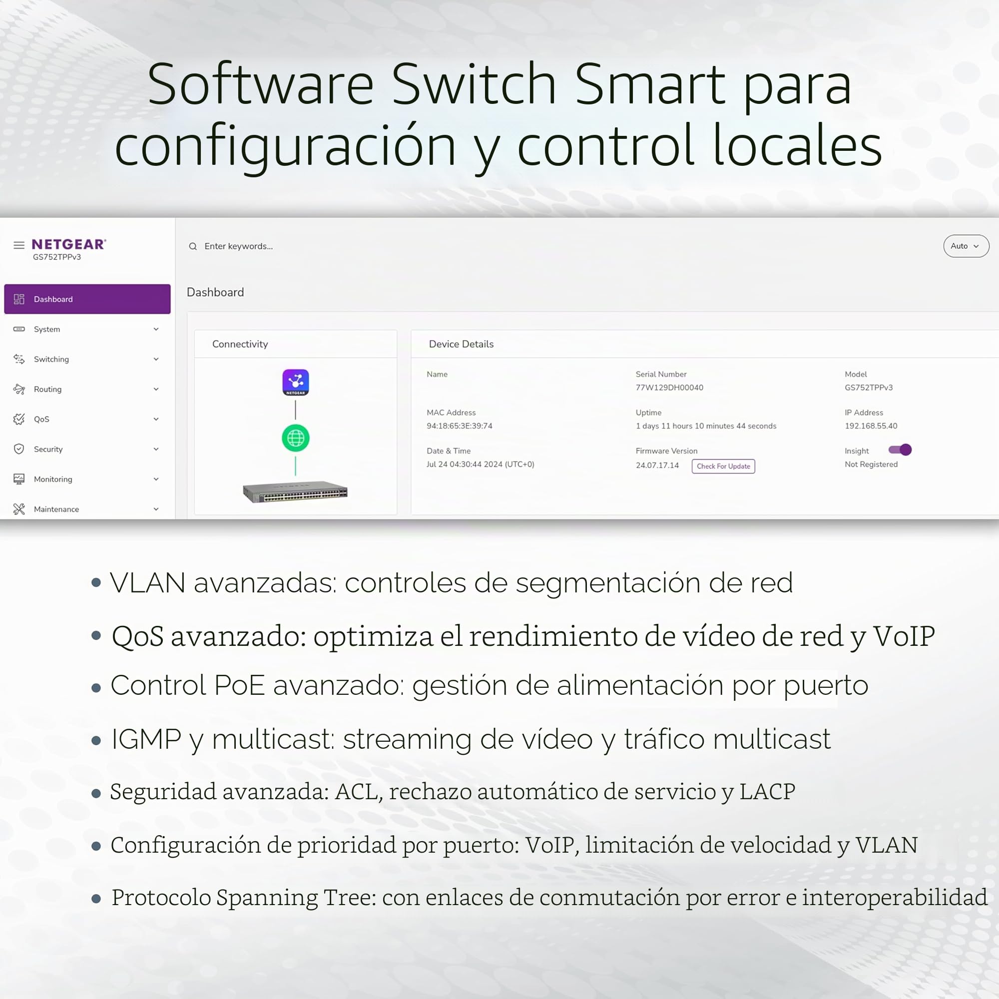 NETGEAR Switch PoE Gigabit Ethernet Smart gestionado de 28 Puertos GS728TPV3 | 24x PoE+ 190W, 4X 1G SFP |Montaje en sobremesa o en Bastidor y protección Limitada de por Vida