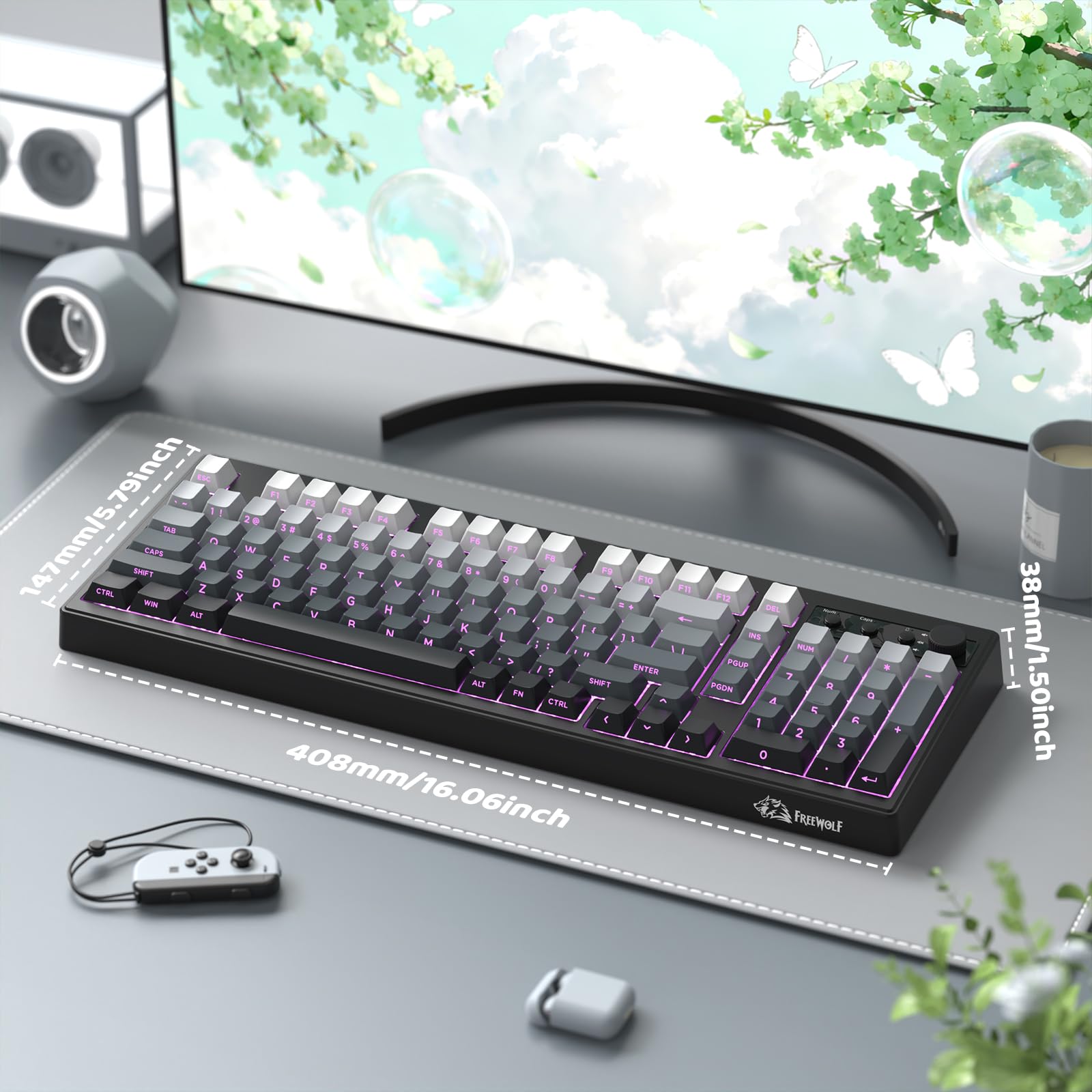 FREEWOLF K100 Tastiera Gaming Senza Fili RGB con Tastierino Numerico, Connessione Bluetooth/2.4G Senza Fili/USB-C Cablata, Tasti Incisi sui Lati in PBT Gradiente, 4000mAh, Manopola Multimediale - Nero
