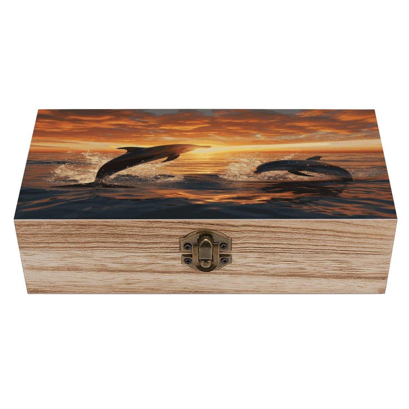 JTREHY Dolphins Jumping Out of The Water at Sunset Wooden Storage Box Exquisite Durable Wood Gift Case Sturdy Vintage Jewelry Wooden Chest for Art Hobbies Storage Keepsake Gift