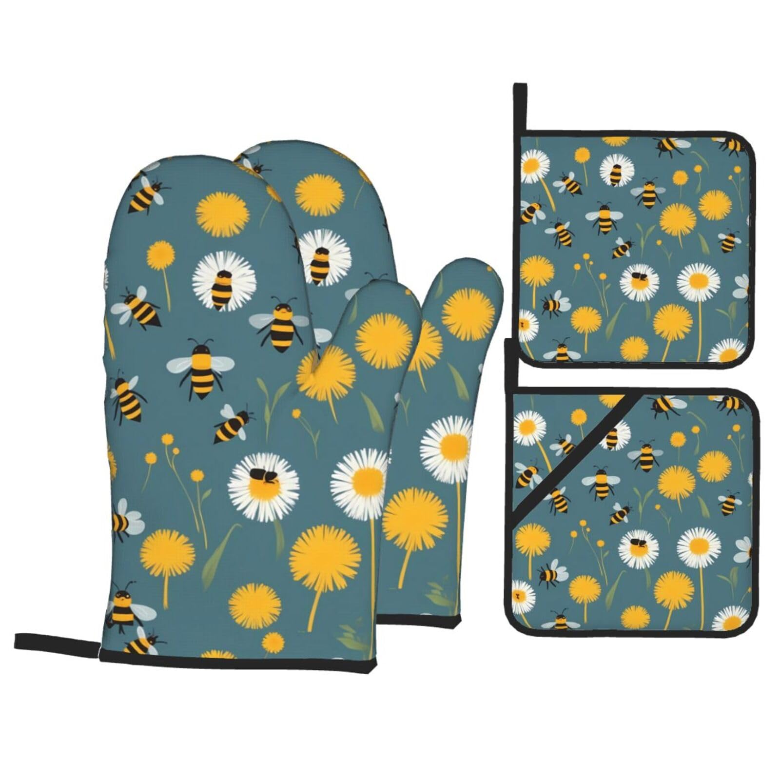 HJFCZH Little Bees On Dandelions Picture Kitchen Baking Set of 4 Thick Insulated Oven Mitt & Pot Holders, Anti-Scalding for Microwave, Oven, Outdoor BBQ