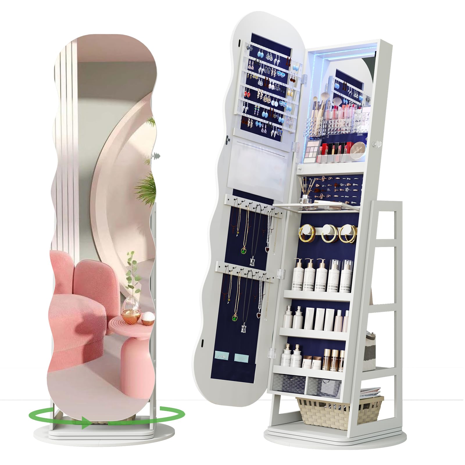 HNEBC 360° Swivel Jewelry Cabinet with Lights, LED Jewelry Armoire with Mirror, Wavy Wide Full-Length Mirror with Storage, Lockable Mirror Jewelry Cabinet Standing (White)