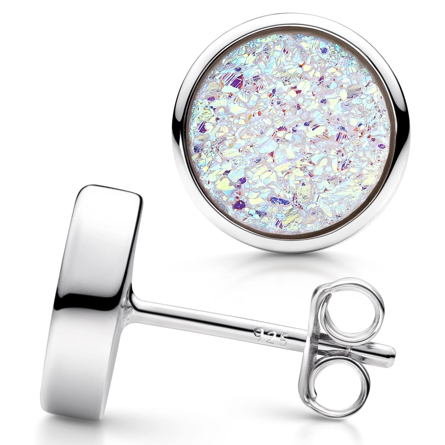 Druzy SO-74 - Pendientes de cuarzo para mujer, con piedras preciosas, redondas, plata 925, 9 mm, Plata de ley, ópalo, cuarzo