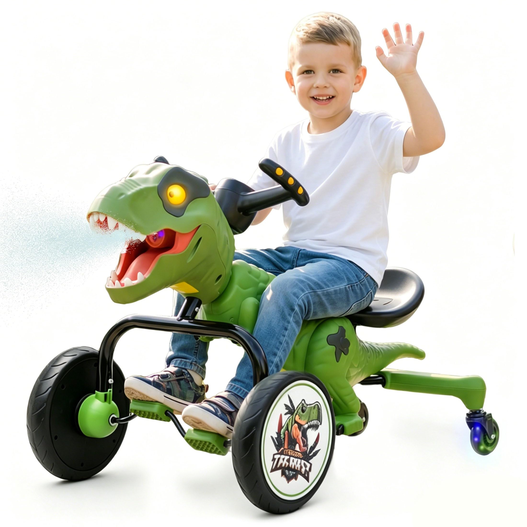 Dinosaur Pedal Ride on Go-Kart, 4-Wheel Drift Toy Car with Mist Spray, 360° Spin, LED Lig…