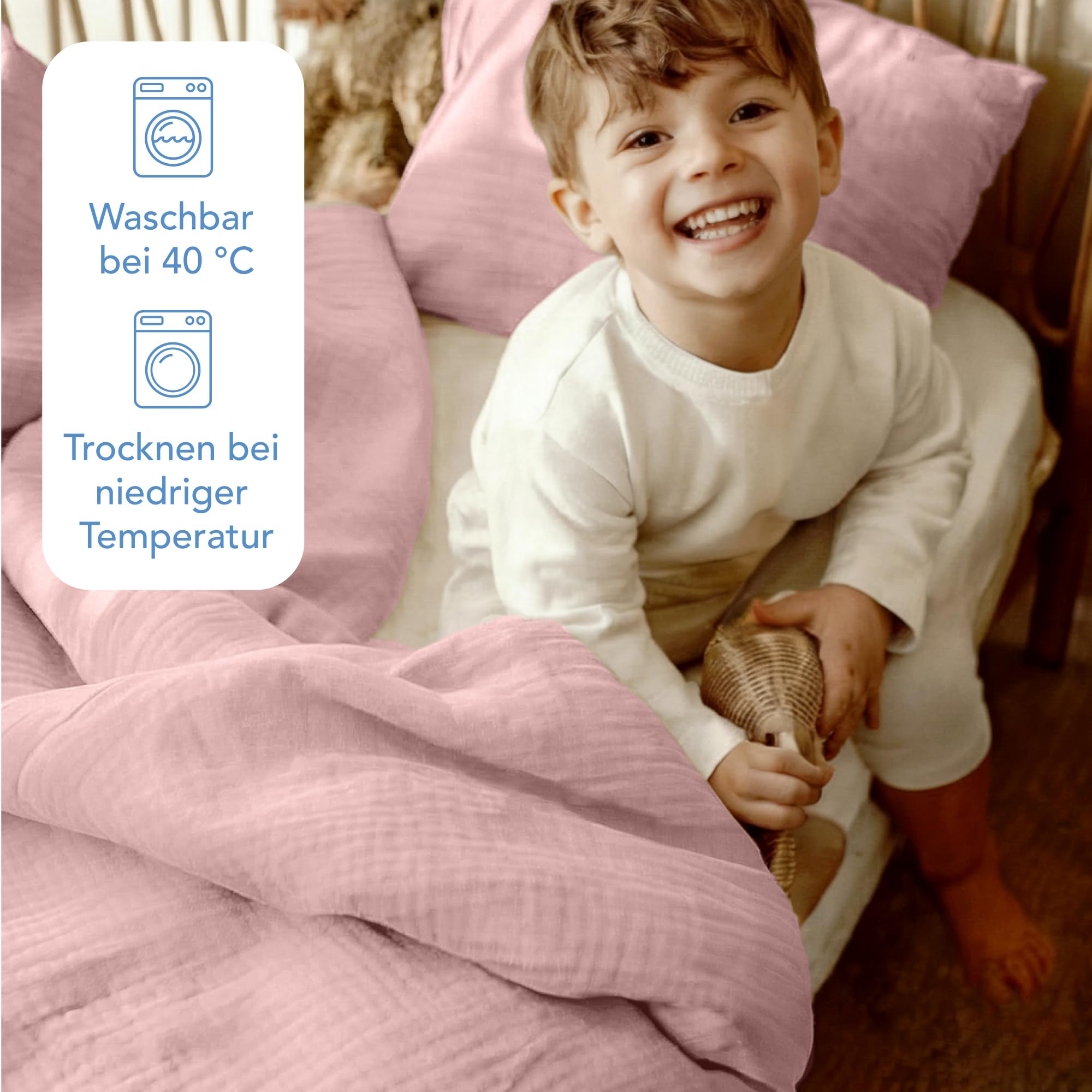 Dreamzie Kinderbettwäsche 100x135 cm + Kissenbezug 40x60 - Musselin Bettwäsche aus 100% Baumwolle, Oeko-TEX Zertifiziert, atmungsaktiv & hautfreundlich - Rosa