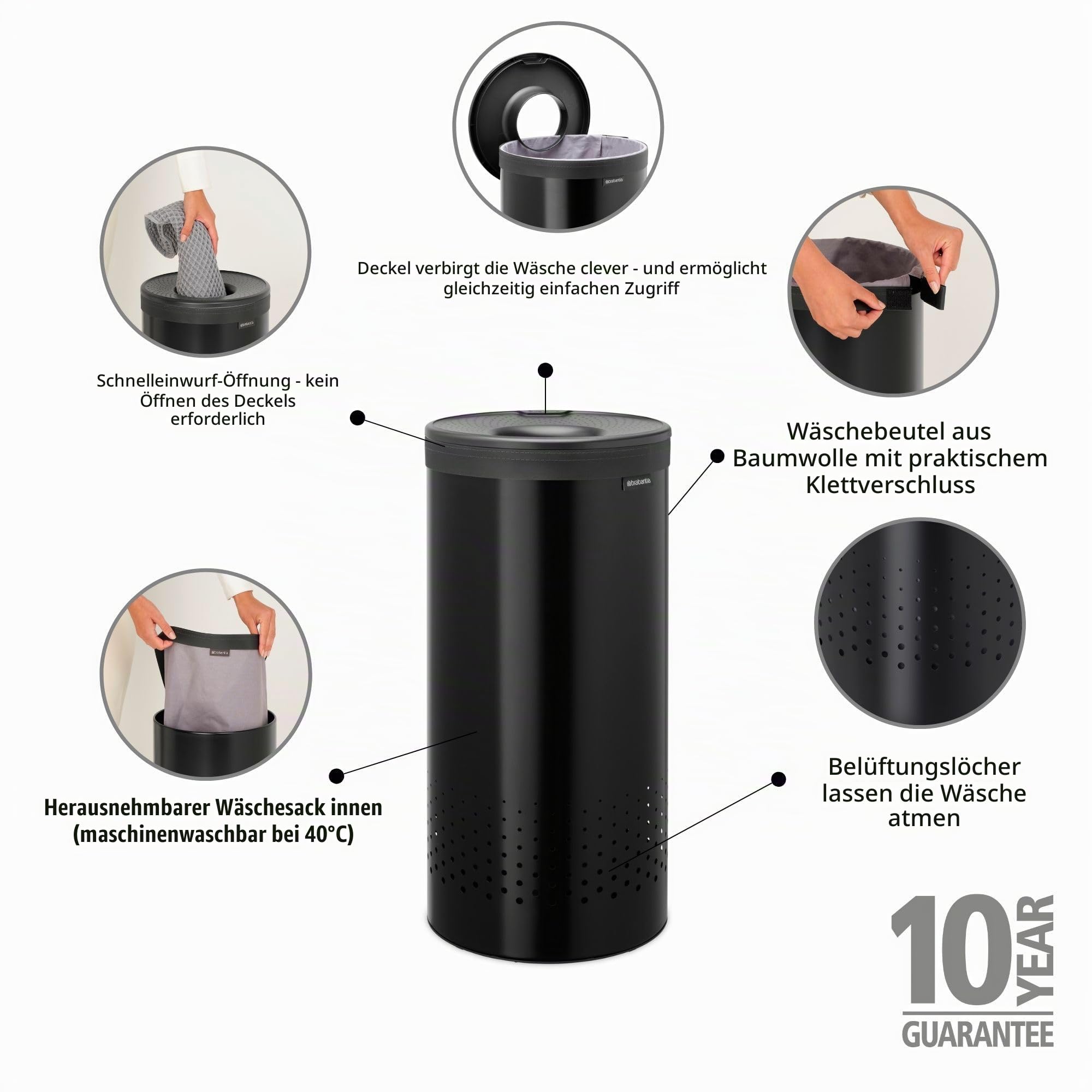 Brabantia Wäschekorb mit Deckel | 35 l Wäschebehälter mit herausnehmbarem Baumwollbeutel und Quick-Drop-Öffnung | Platzsparender Wäschekorb | Matt black