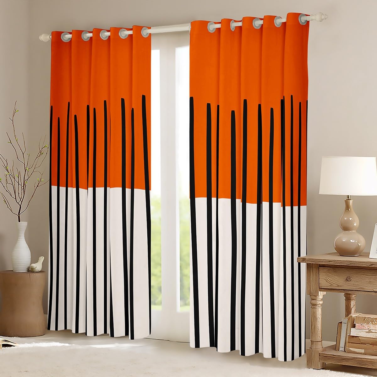 Homewish Pomarańczowo-białe zasłony zaciemniające 117 x 137 cm, 2 zestawy paneli do sypialni - czarne pionowe zasłony okienne w paski do salonu - abstrakcyjne geometryczne zasłony okienne nowoczesne