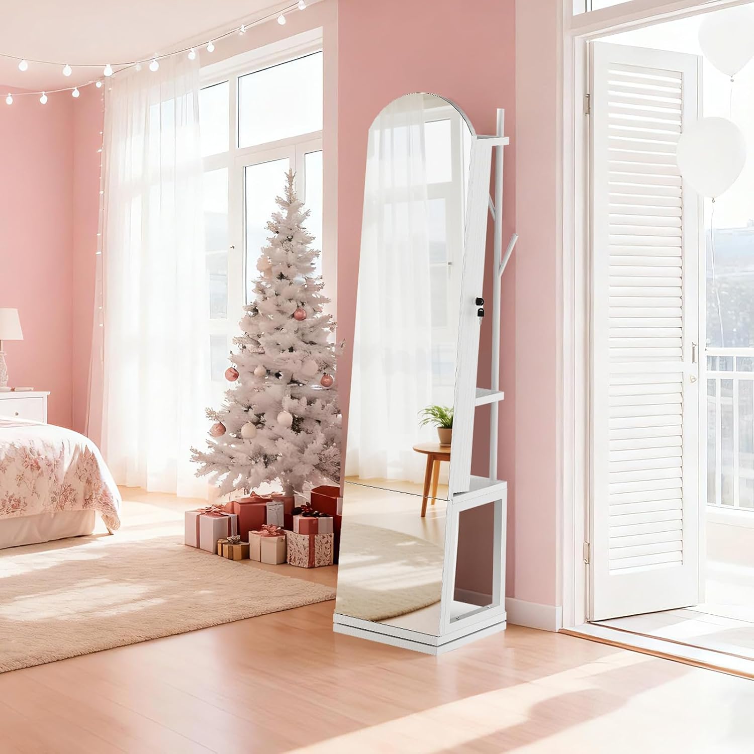 HOOBRO 360° Swivel Jewelry Cabinet with LED Lights, Standing Jewelry Organizer with Storage Shelf, Arched Full-Length Mirrored Jewelry Aromires, Lockable Jewelry Cabinet, Makeup Brush Boxes, White