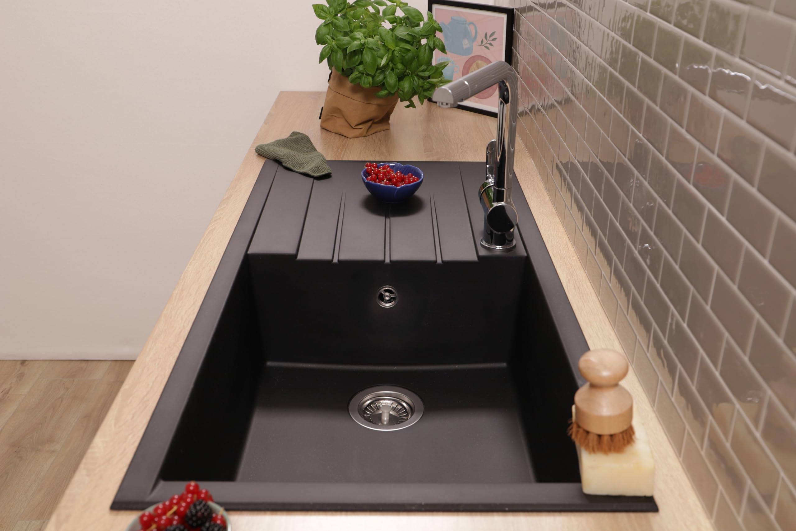 Respekta Houston Lavello in Mineralite nero/Lavello da incasso a 1 vasca da 100 x 50 cm/Lavello adatto a mobili sottolavello a partire da 60 cm di larghezza / HOUSTON100X501BS