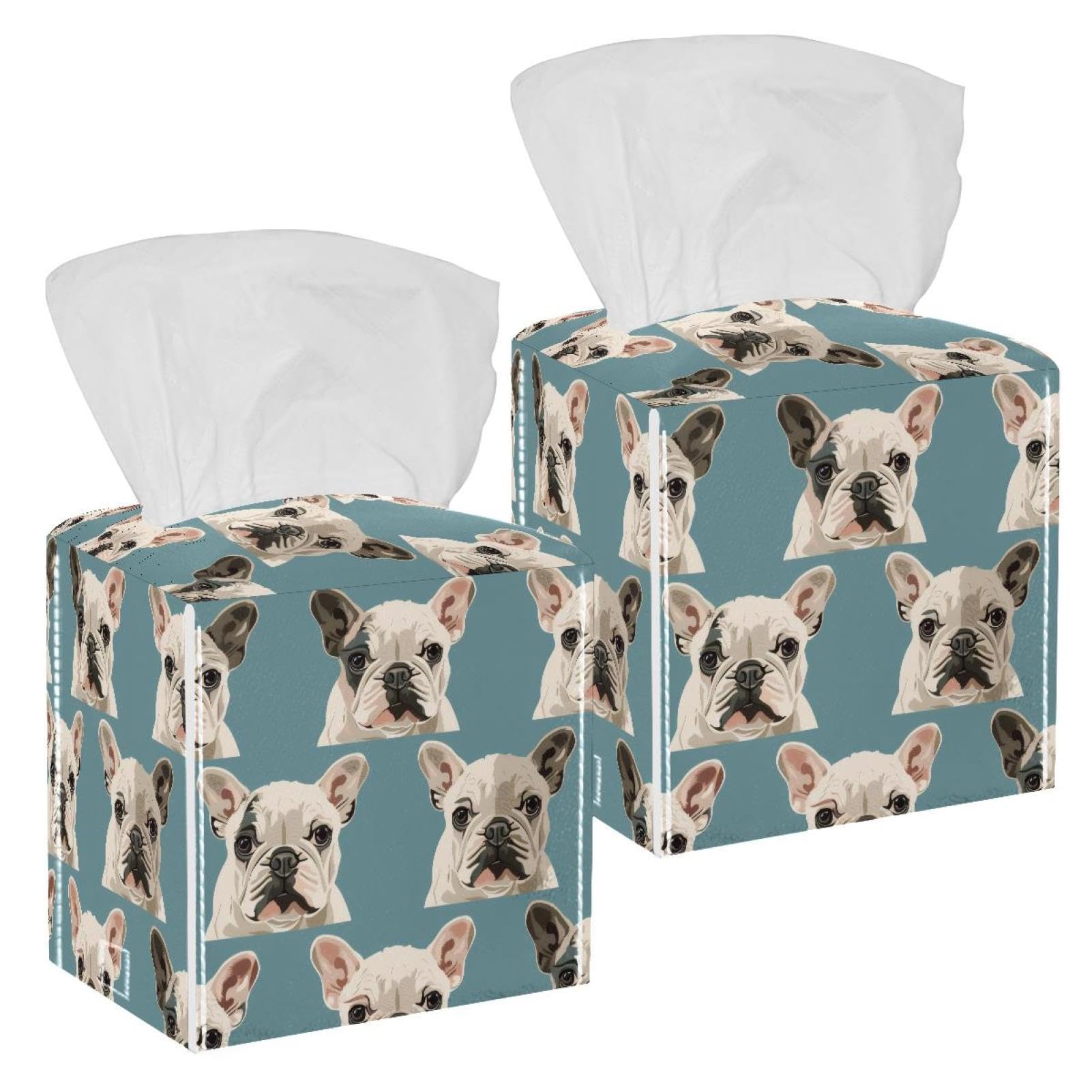 Cute French Bulldog Tissue Box Cover, 2 Pack PU Leather Square Facial Tissue Dispenser Box holder for Home Office Car