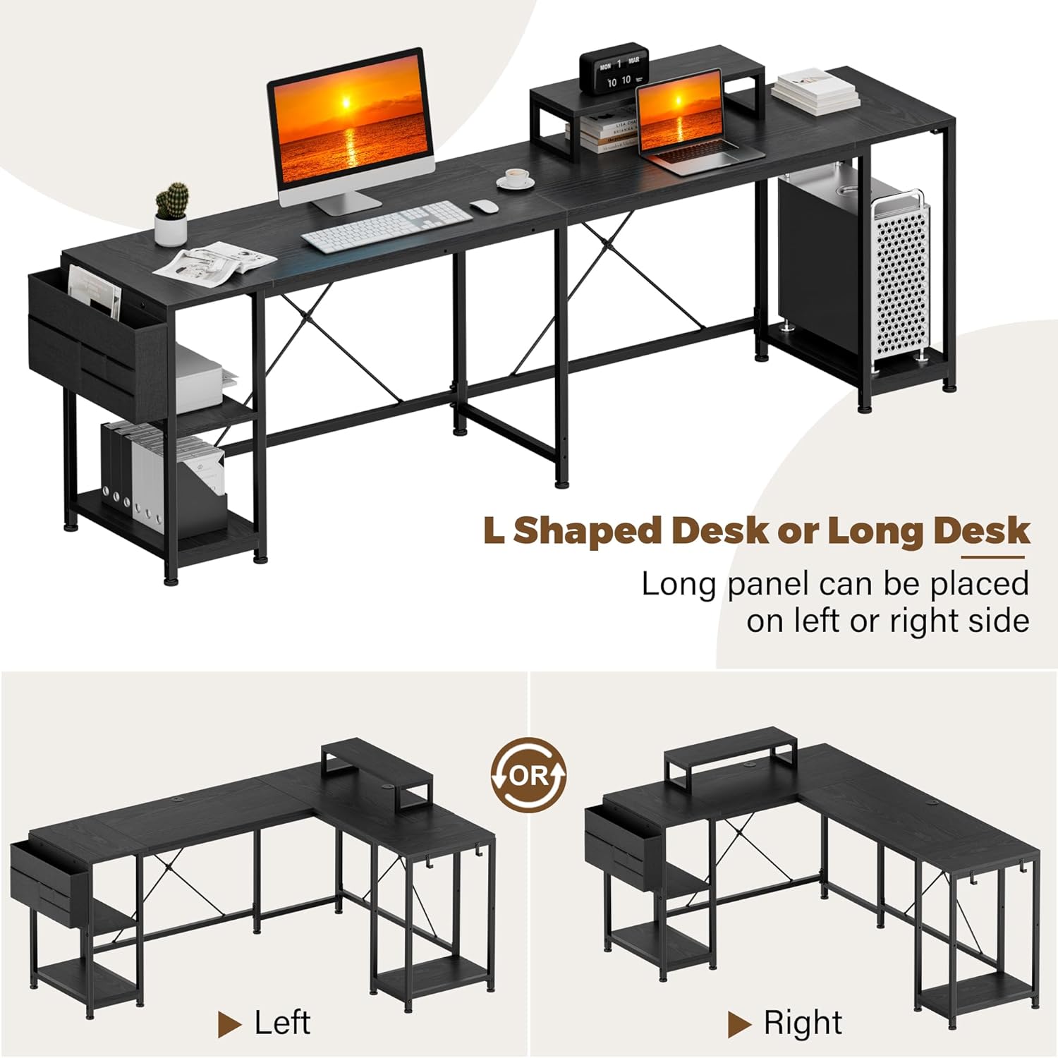 Image illustrating the reversible L-shaped desk or long desk configurations, showing left and right options
