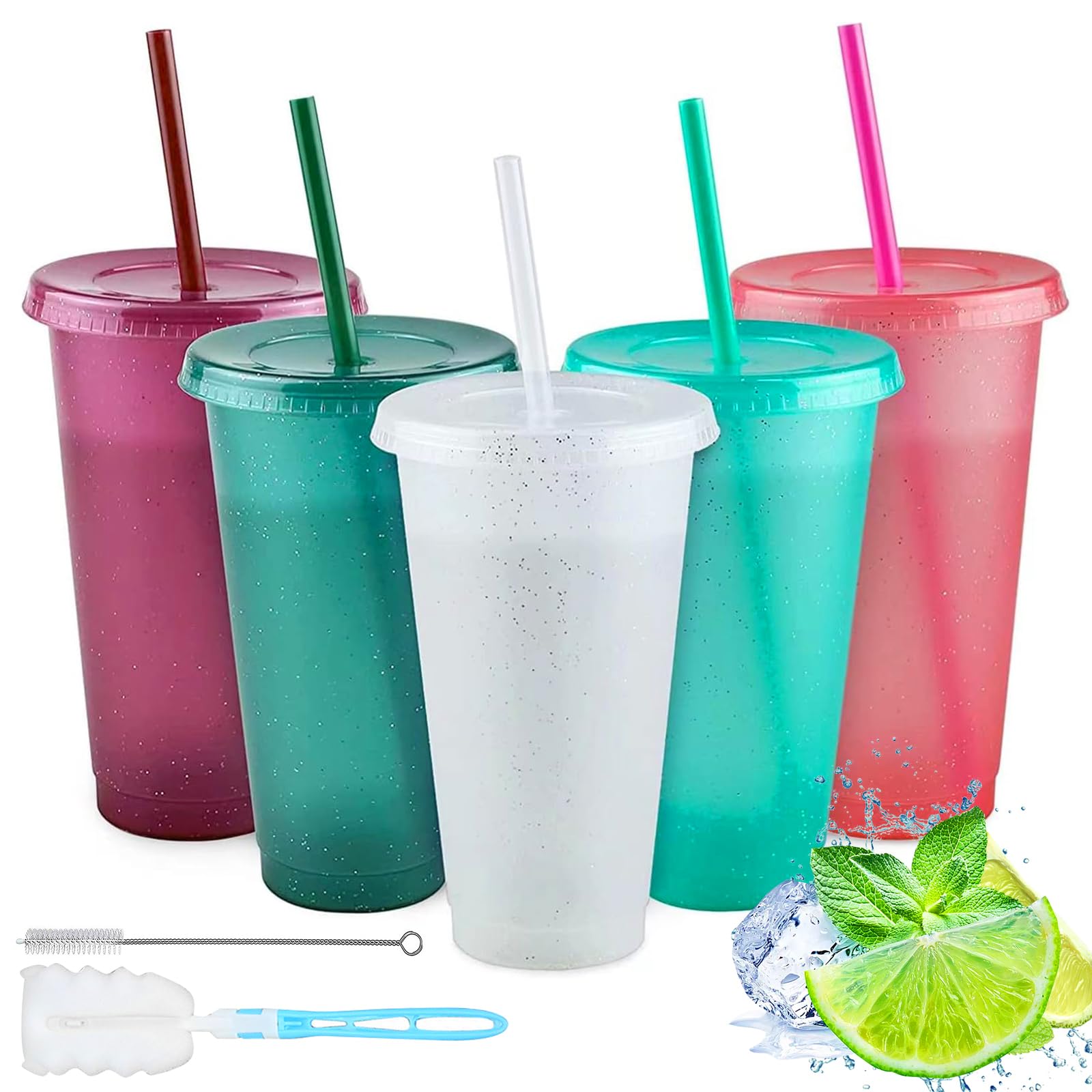 RAINPOP Iced Water Cups with Lids & Straws - 5Pcs 24oz Cold Drinking Tumblers Plastic Tumbler Set Reusable Plastic Cup, Slushie Cup Coffee Smoothie Slushy Drinking Cup Party Cups
