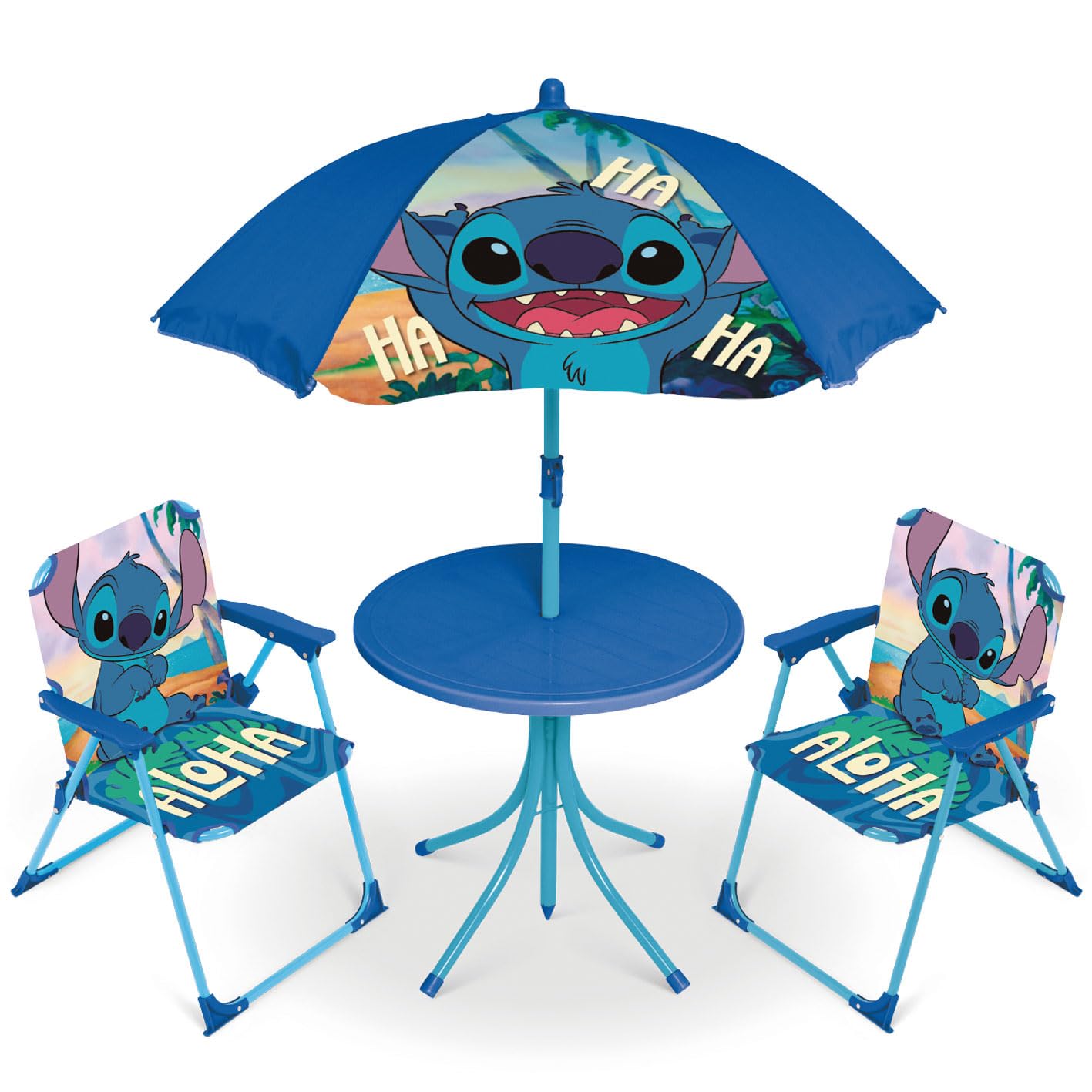 ARDITEX WD17765 Set de Mesa (50x50x48cm), 2 Sillas (38x32x53cm) y Sombrilla (diámetro 110cm) de Disney-Lilo & Stitch