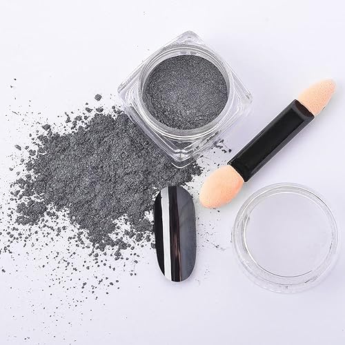 Miniatura 6 de Polvo de espejo negro metálico cromado, 2 frascos dorados y negros para arte de uñas, efecto brillante, pigmento cromado, puntas de manicura con