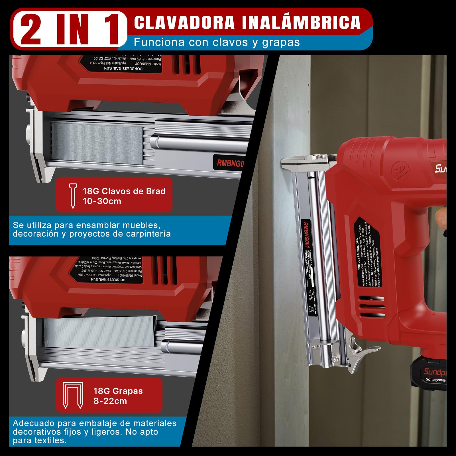 Clavadora a Batería 21V - 2 en 1 Clavadora Electrica de Clavos con 2 x 2.0Ah Baterías, 180 Clavos/min, Grapadora Electrica con 600 Clavos 18GA y 2.000 Clavos U para Tapicería y Carpintería