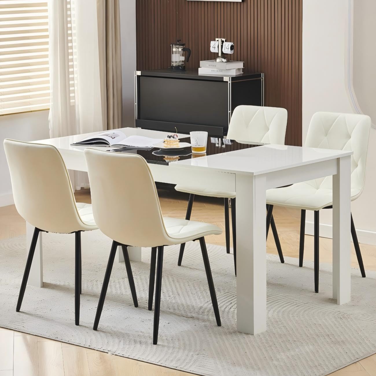 Homullel 150 cm Dining Table and 4 Chairs, 4 Seater Table and Chairs Set, Kitchen Dining Room Set for 4, Compact, Space Saving (Pu Diamond Lvory #5, 150cm, 4 Seats)