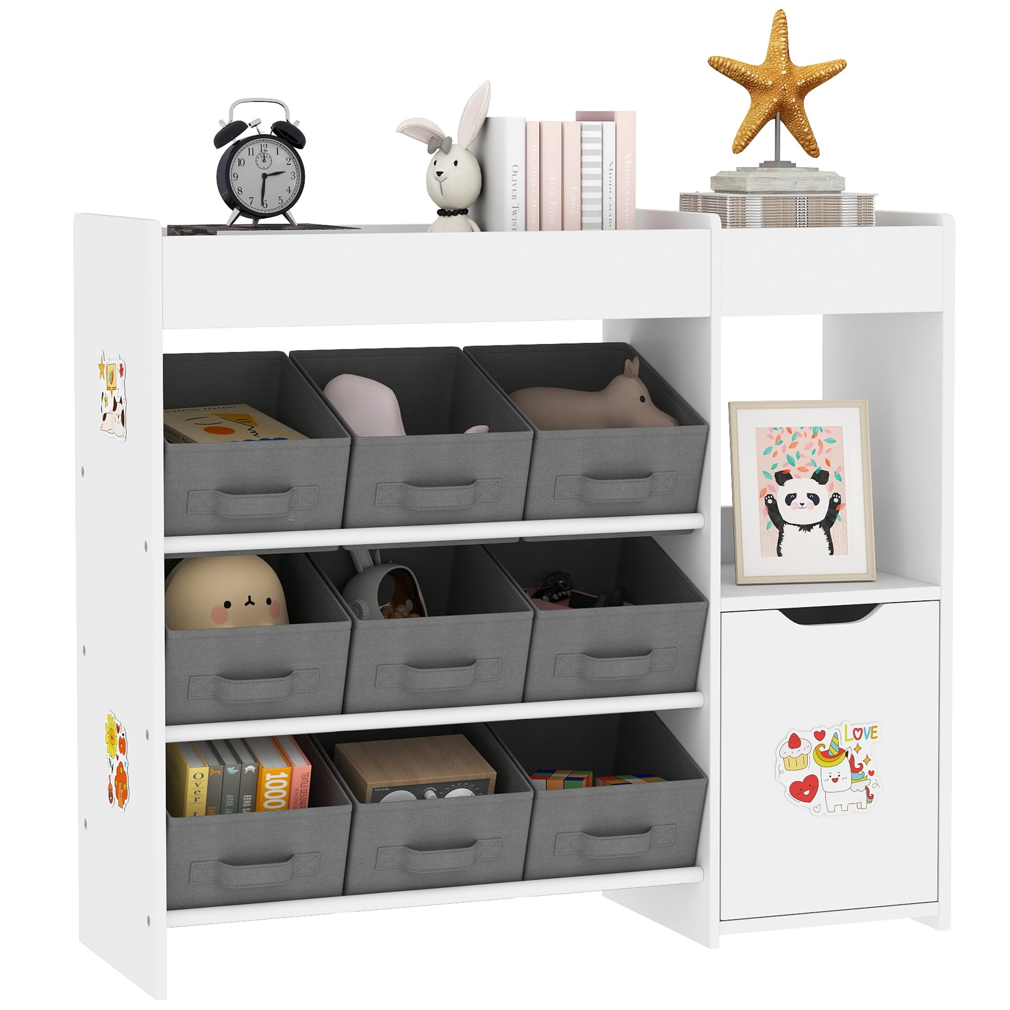 Qaba Toy Storage Organizer, Kids BookShelf with 9 Non-Woven Fabric Boxes, Storage Cabinet & Shelves, Toy Shelf for Kids Room, Nursery, Playroom, White