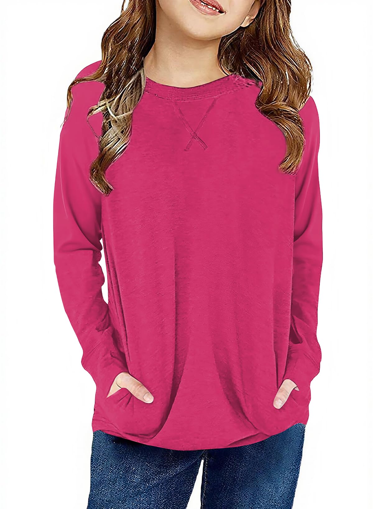 SELINK Girl's Casual Big Kids Long Sleeve Striped Color Block Tees Pockets