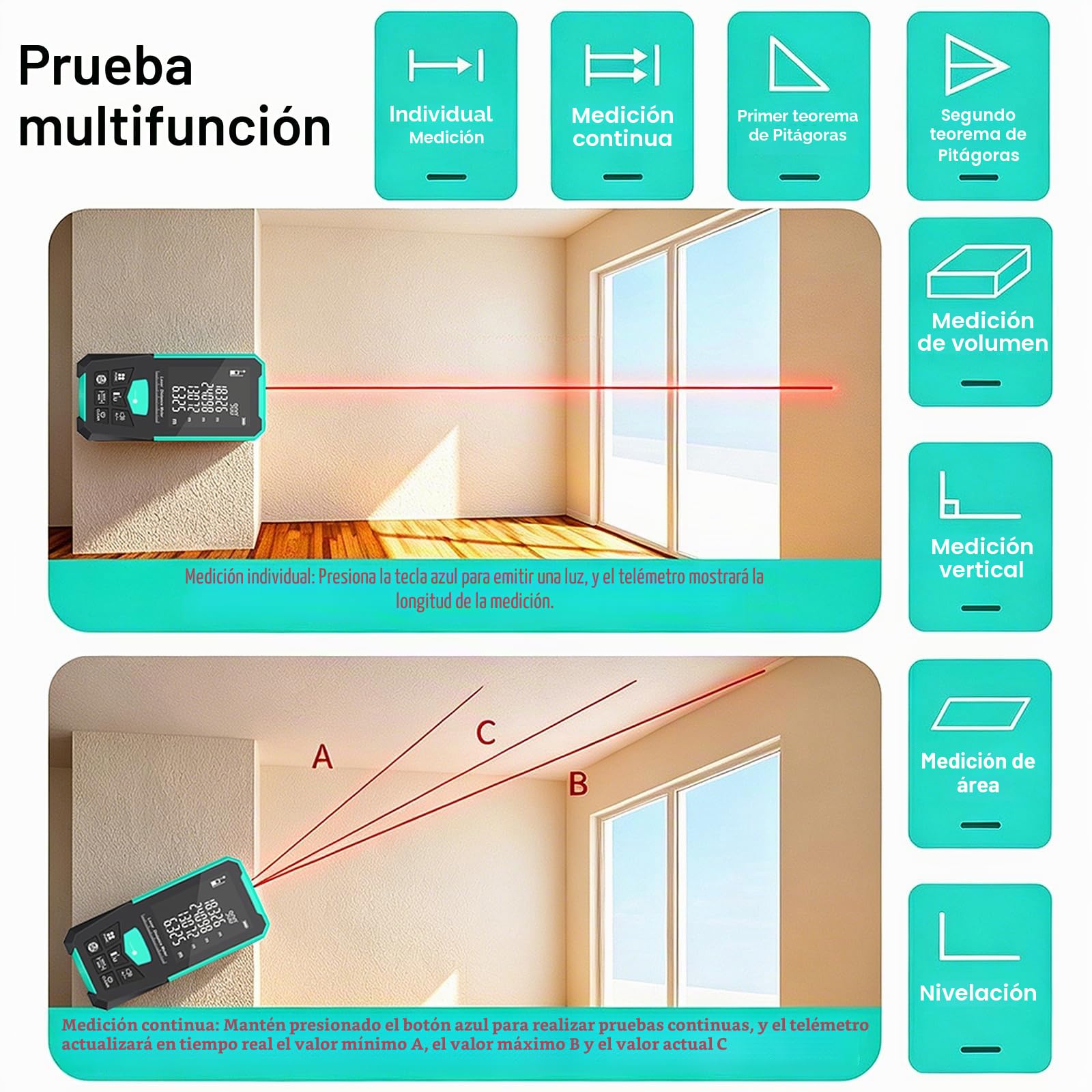 Medidor Láser de Distancia de 200M, 0,05-200M (656ft) Telémetro Láser de con Pantalla de 2,4", Medidor Digital de Ángulos Múltiples Y Medidor de Área Y Volumen, para Construcción Y Renovaciones