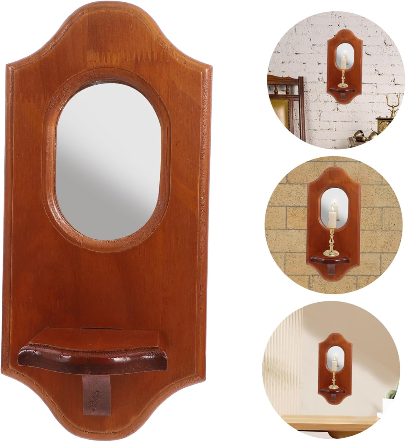 Solid Wood Candle Holder Wall Decor Mirror Rustic Shelving Bracket Living