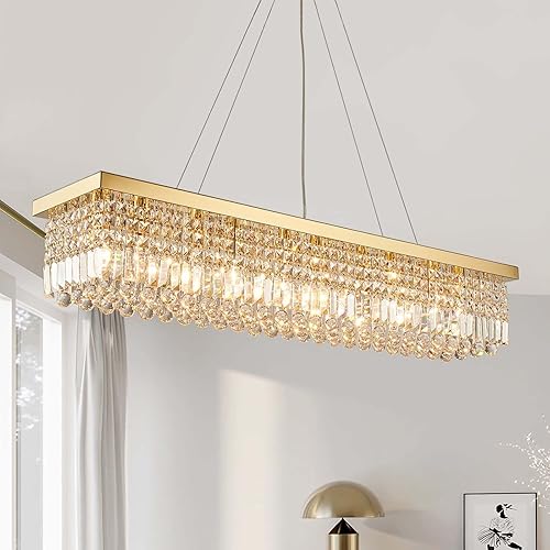 Miniatura 74 de 7PM Candelabro rectangular de cristal K9 moderno colgante rectangular para comedor, cocina, isla dormitorio, color negro, 47 pulgadas de largo x 10