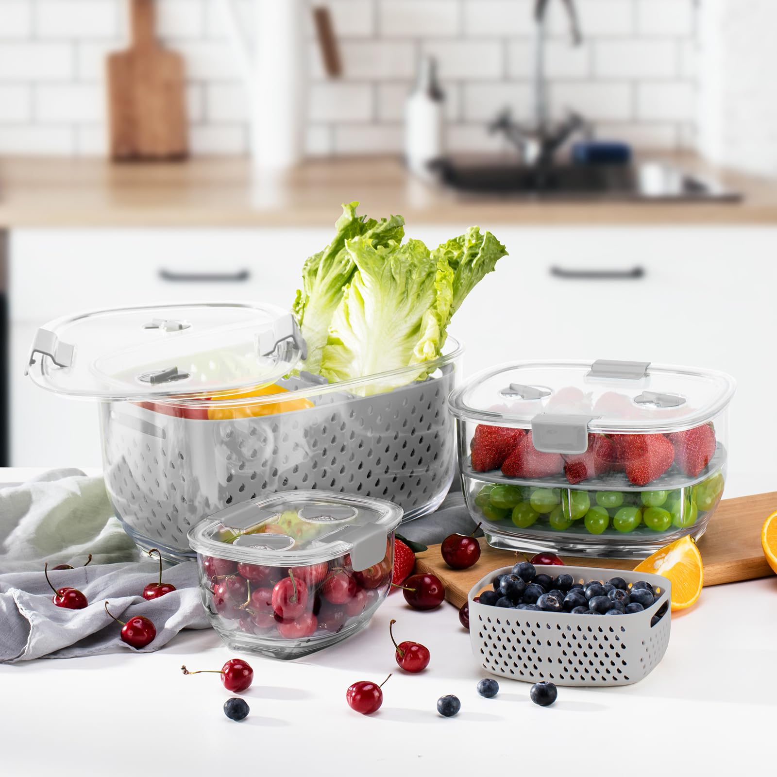 LUXEAR Frischhaltedosen für Gemüse, Obst, 3-teiliges Set, BPA-freier Kühlschrank-Aufbewahrungsbehälter, geteilter Salatbehälter, Kühlschrank-Organizer, zur Aufbewahrung von Obst und Gemüse, Grau