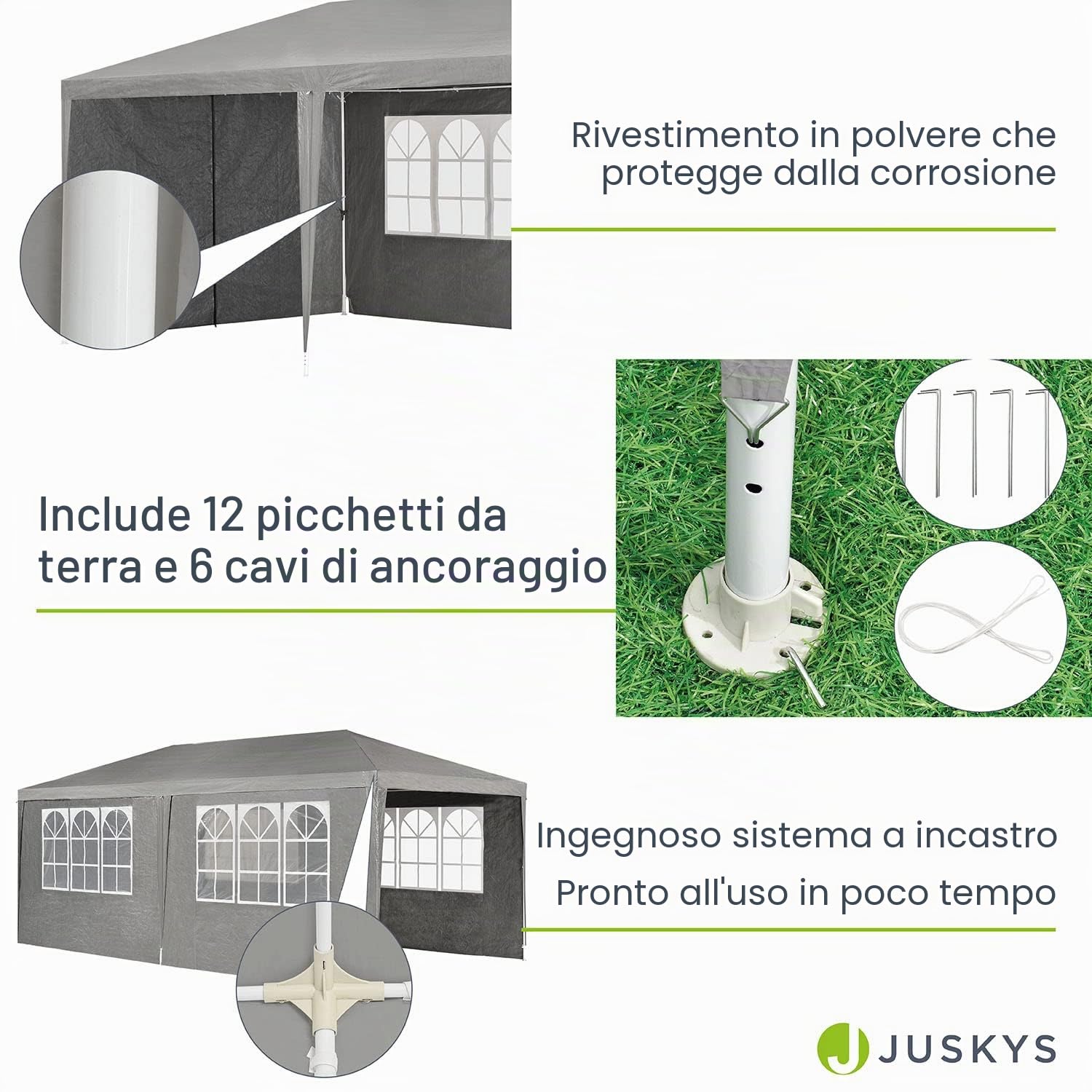 Tenda Juskys per feste 3x6m, 18m², 6 pareti, tetto rimovibile, 18m², 12 ganci, 6 corde, giardino, matrimoni, grigio