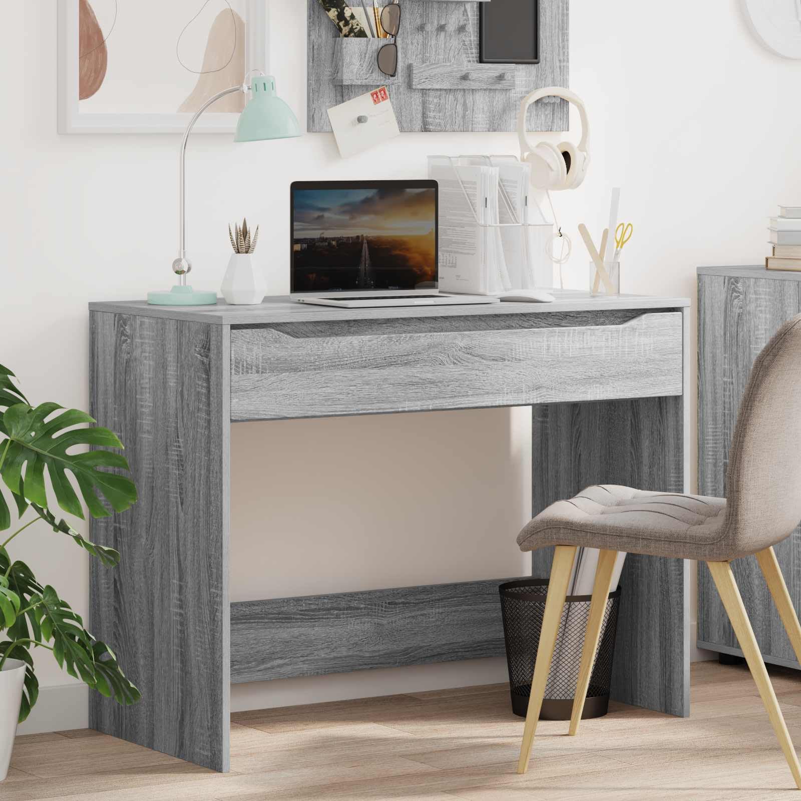 Scrivania grigio Sonoma, 100 x 50 x 78 cm, in legno con cassetto, per casa, ufficio, postazione di lavoro, organizzata, piano di lavoro, tastiera, laptop, monitor