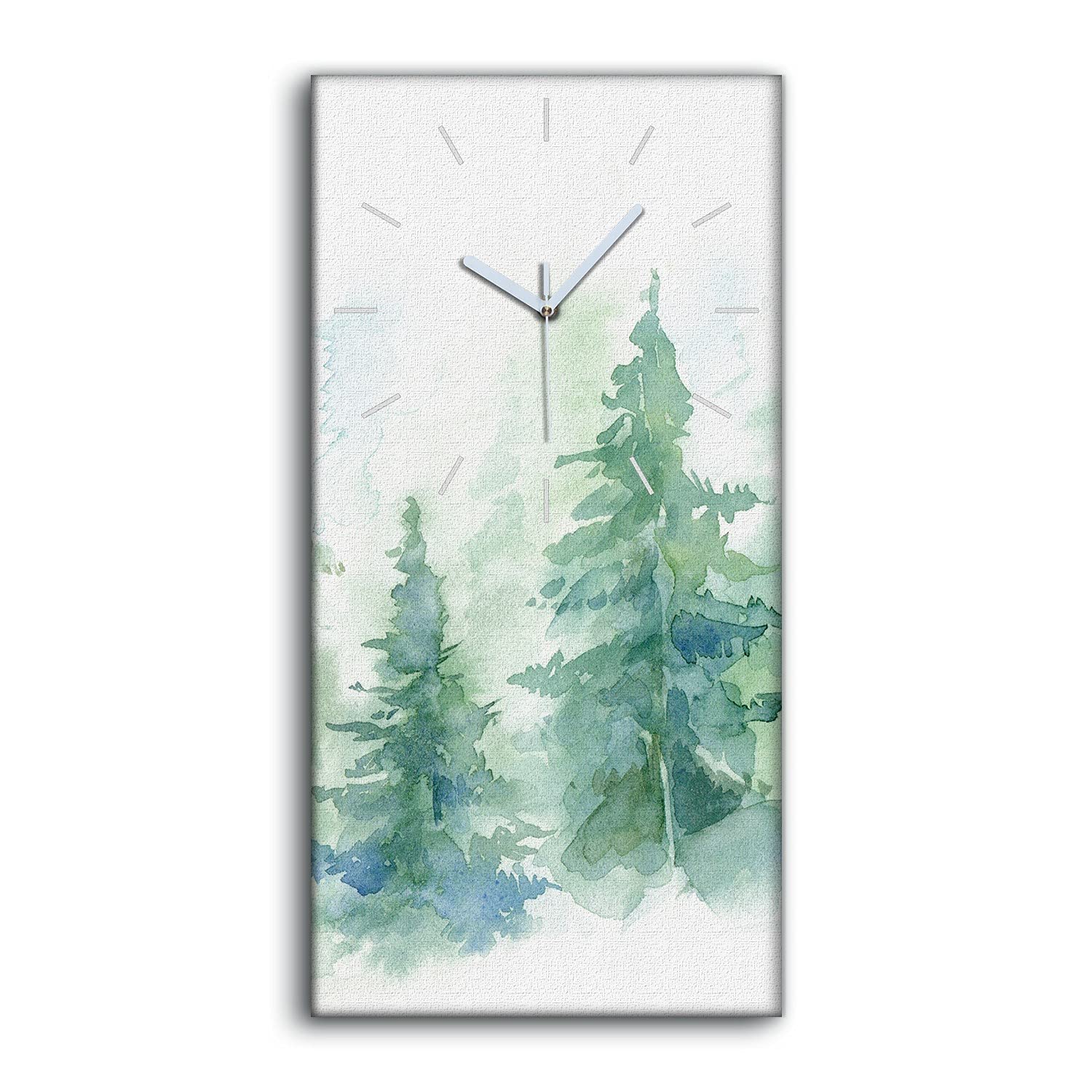 Horloge sur Toile Silencieuse Aquarelle de Forêt avec Aiguilles Blanches Lisibles