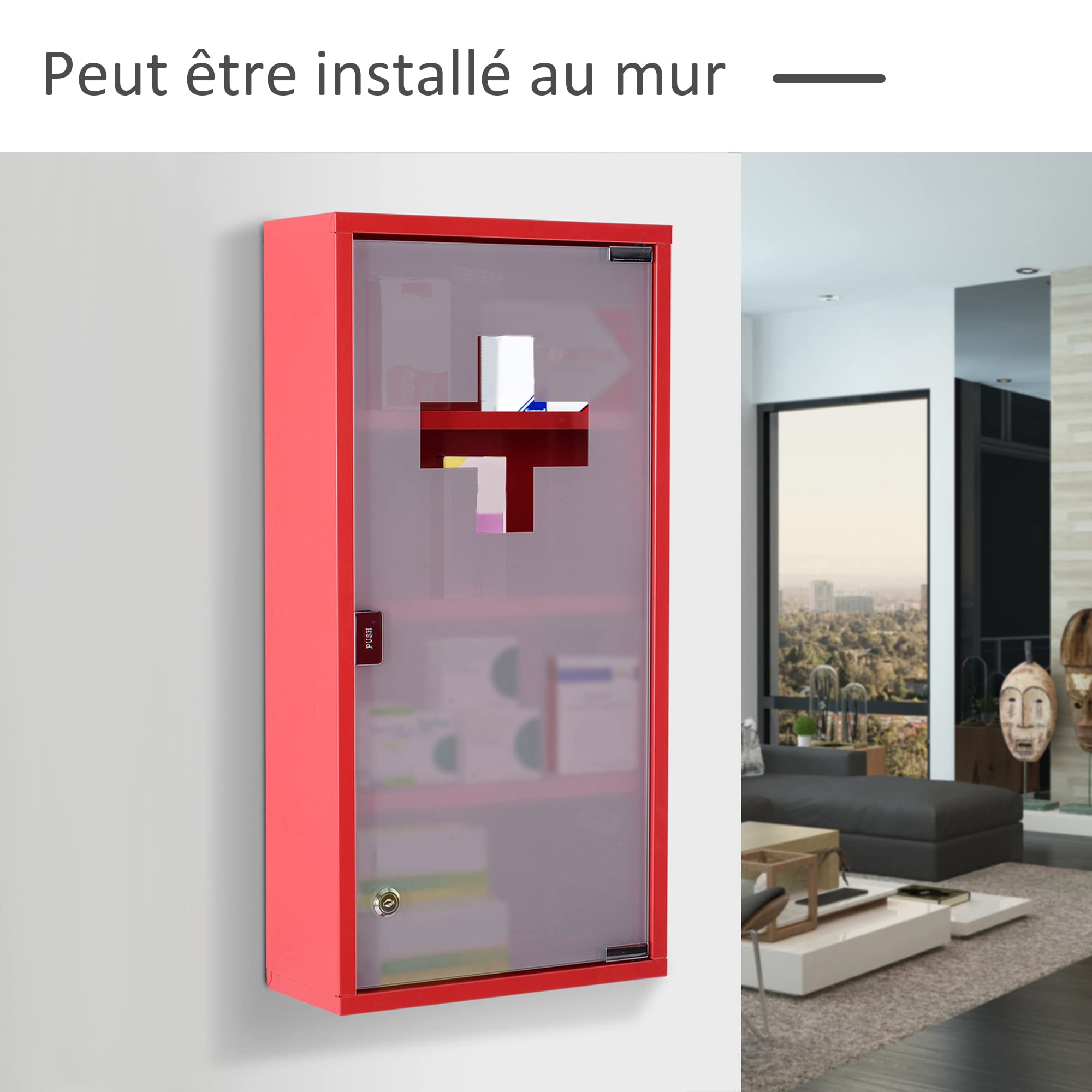 HOMCOM Armoire à Pharmacie 3 étagères 4 Niveaux verrouillable Porte Verre trempé dépoli Logo Croix 30L x 12l x 60H cm Acier Rouge