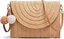 Bolsa de ombro de palha clutch feminina de palha tecido à mão pompom palha bolsa transversal verão praia envelope bolsa carteira