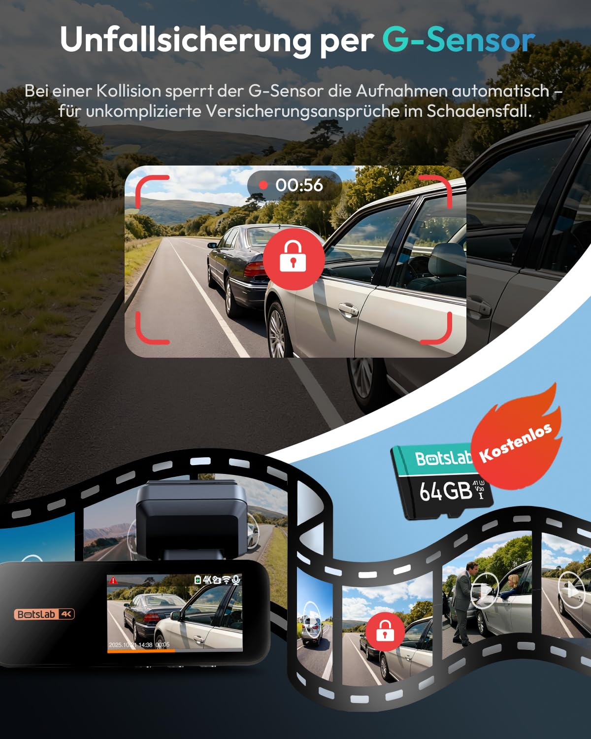 BOTSLAB Dashcam Auto Vorne Hinten 4K GPS WiFi Dual Autokamera 64GB SD Karte ADAS Nachtsicht 170° Weitwinkel WDR 2,45" IPS 24/7 Parküberwachung Loop-Aufnahme