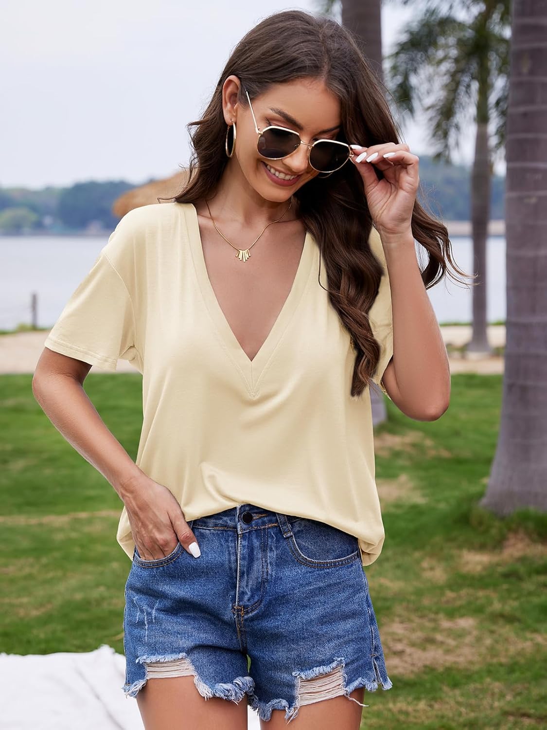 UNCLECAT Womens Deep V-Neck T Shirts Sexy Short Sleeve Tops Summer Oversized Tee - Image 2