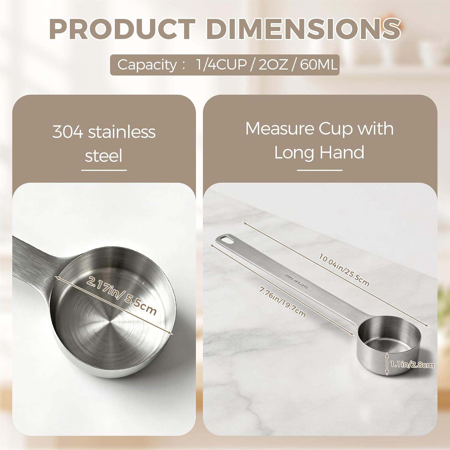 1/4Cup Measuring Cup Long Handle Scoop Stainless Steel Measuring Cup with Long Handle for Dog Foods Cooking Coffee (1, 1/4CUP)