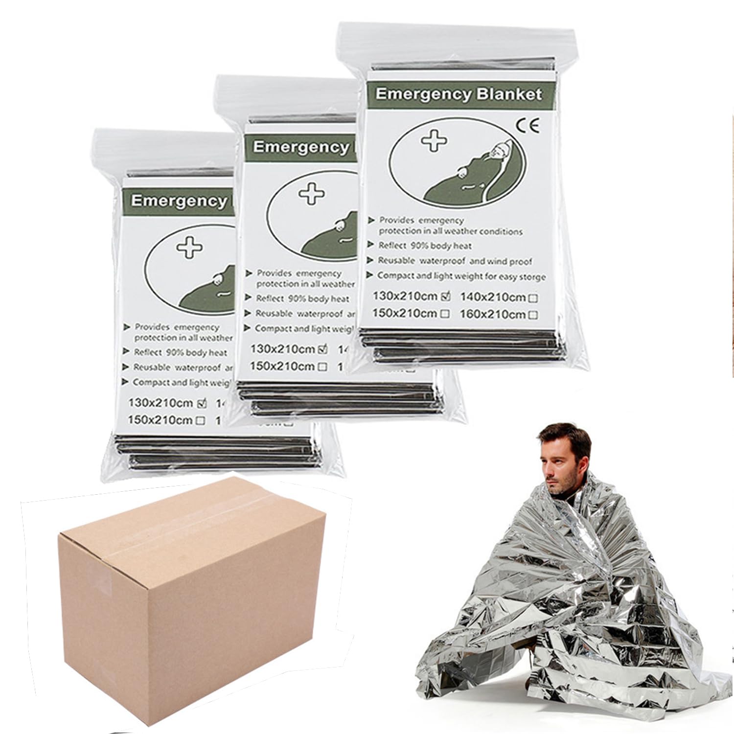 Emergency Foil Blanket (Pack of 100), Survival Thermal Mylar Blankets Individually Packaged Perfect for Outdoors, Hiking, Survival, Marathons or First Aid