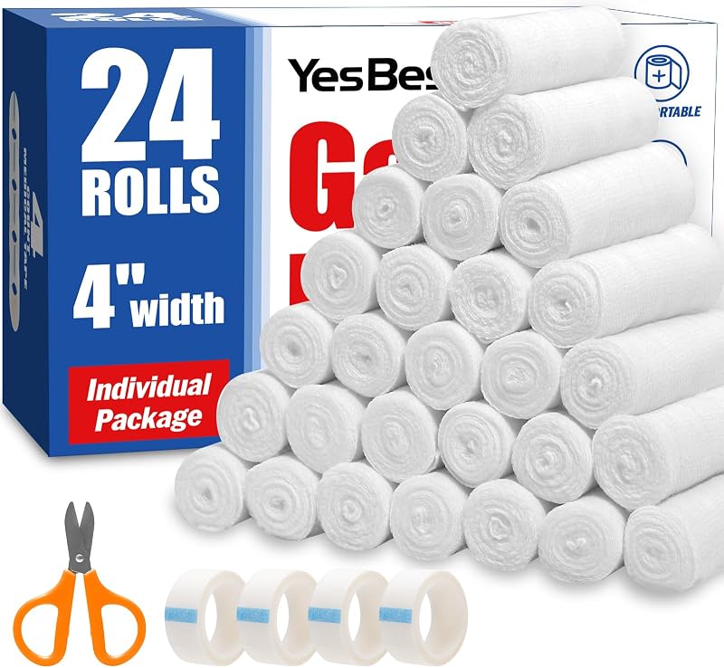 YesBes 24 Pack Gauze Rolls, 4 in x 4.1 Yards, Premium Gauze Wrap Roll for Wounds, Bandage Wrap Rolled Gauzes, Mummy Wraps, Individually Wrapped