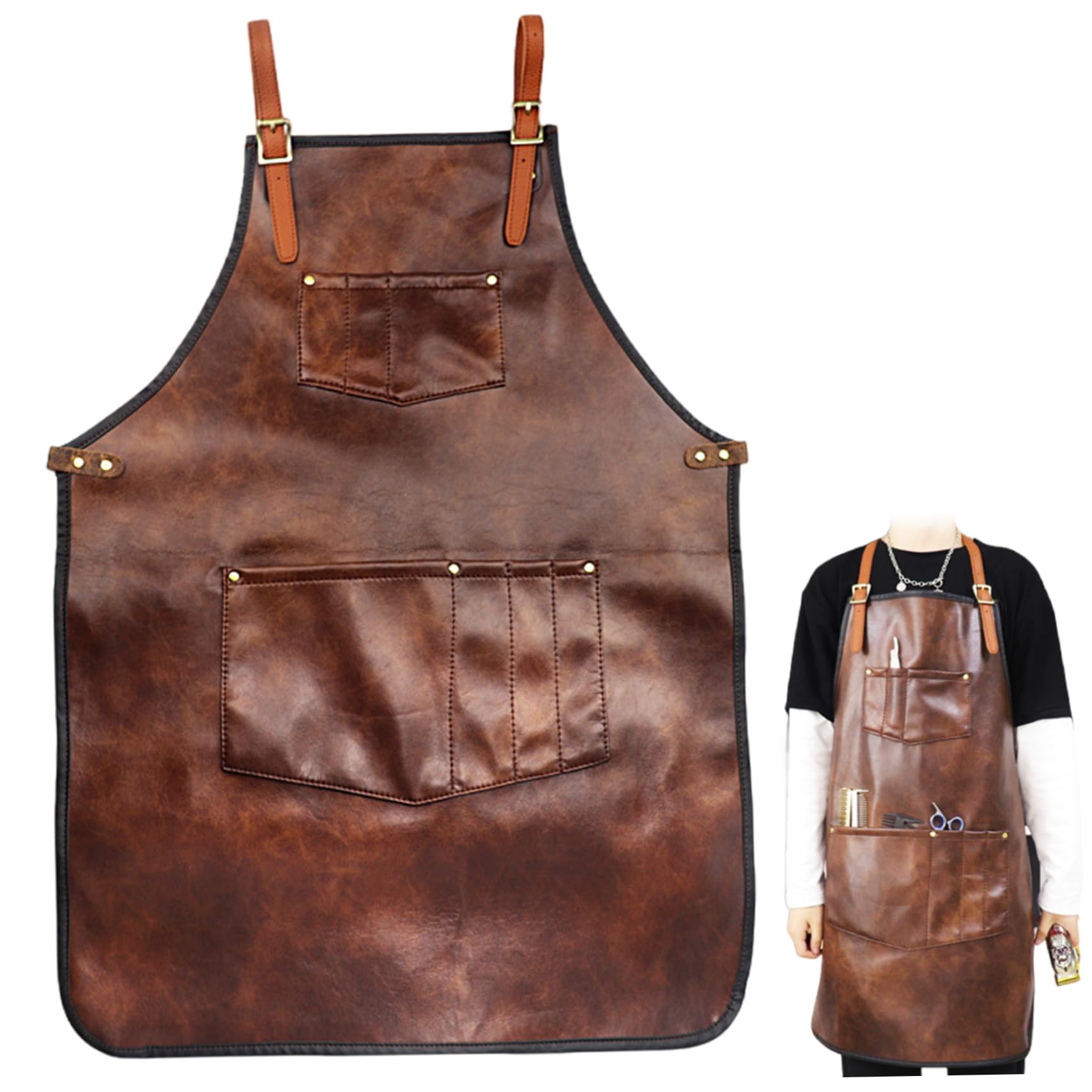 Delantal de cuero con bolsillos y correas cruzadas, impermeable, ajustable, resistente al calor y a las manchas, para cocina, barbacoa, barbería, chef, delantal para hombre.