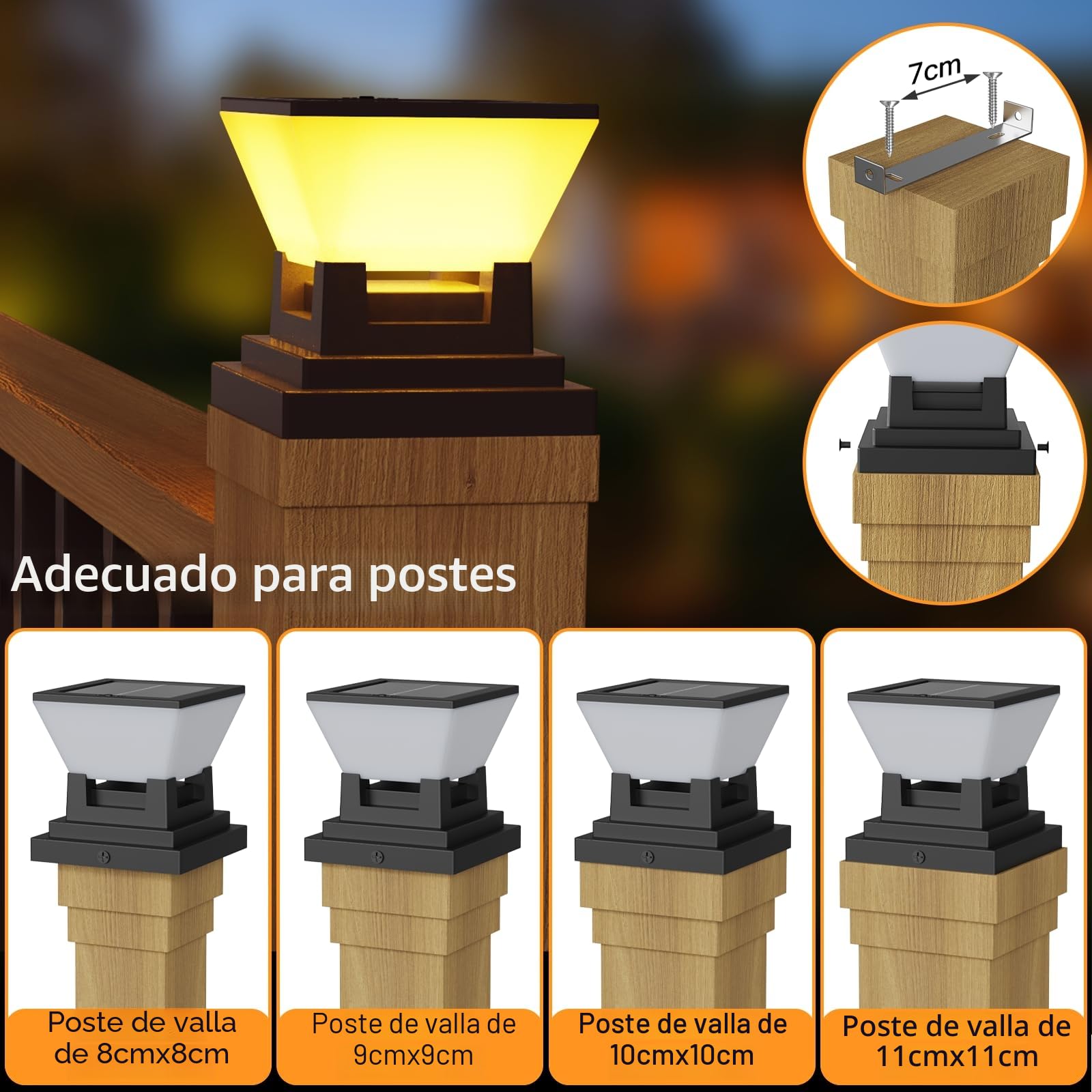 ACMHNC Farola Solar Exterior, 2 Piezas Luz Solar Exterior Jardin Para Postes de Valla 7x7 8x8 9x9 10x10cm, Ip65 Lampara Sobremuro Exteriores, 3 Modos, Para Jardín Valla Postes Madera