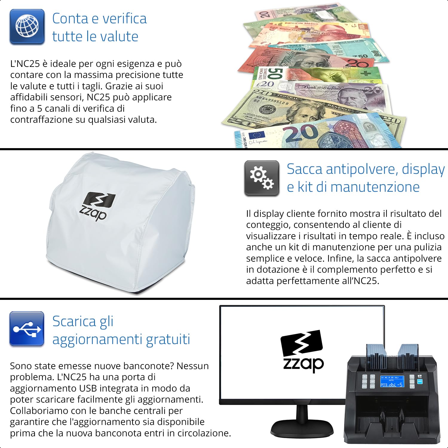 ZZap NC25 Contabanconote e Verificatore di Banconote False - Macchina Conta Contanti