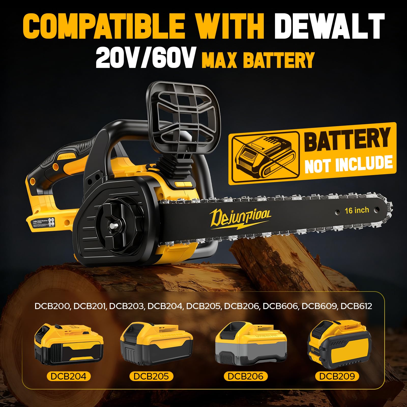 Tronçonneuse électrique sans fil de 40,6 cm compatible avec batterie Dewalt 20 V/60 V MAX (sans batterie), scie à chaîne sans balais, huileur automatique, 3 chaînes, tronçonneuse manuelle pour couper