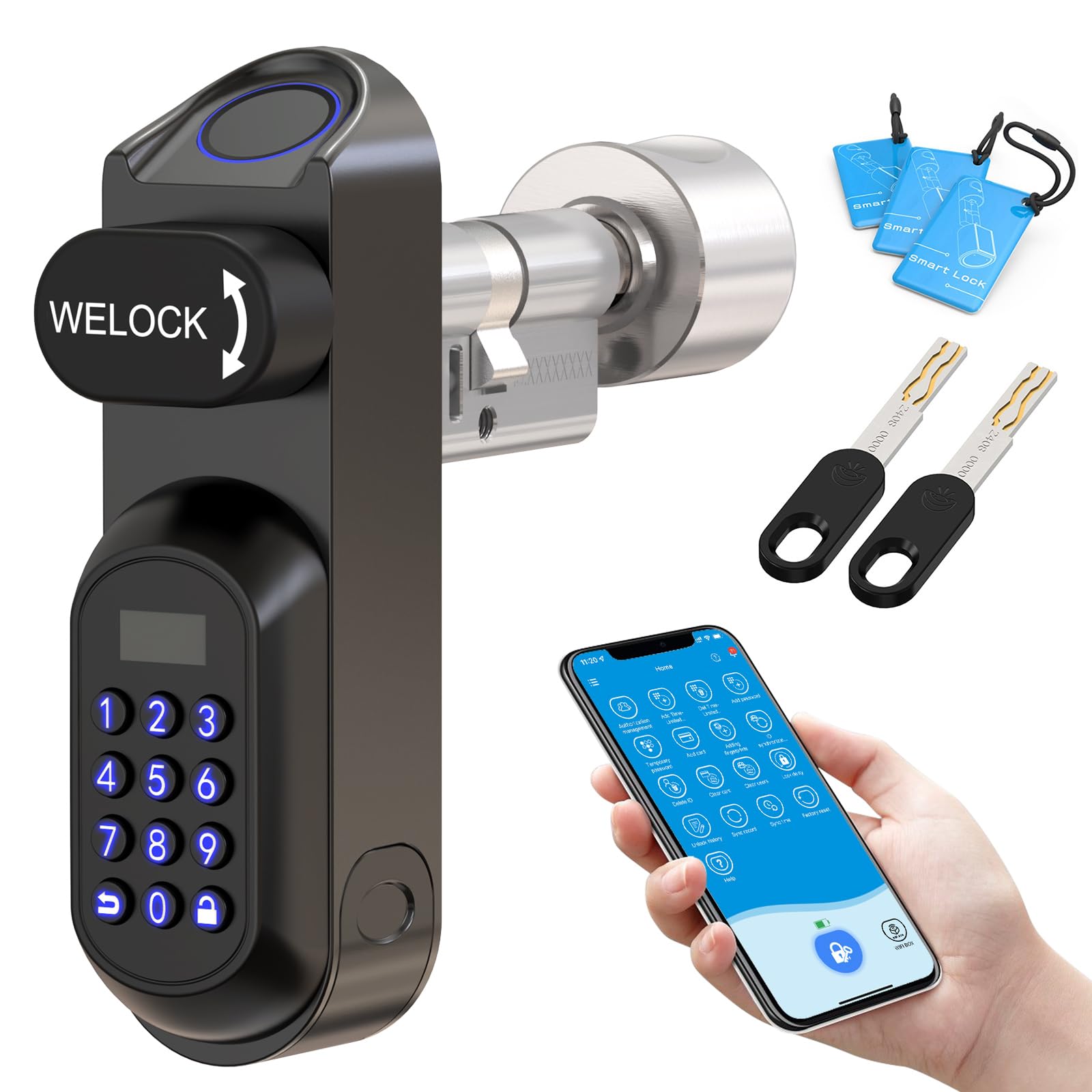 WELOCK U81 Serratura Smart,Serratura con impronta digitale con password,Bluetooth App,scheda RFID,Serratura Elettronica per Spessore 50-95mm,Facile da installare
