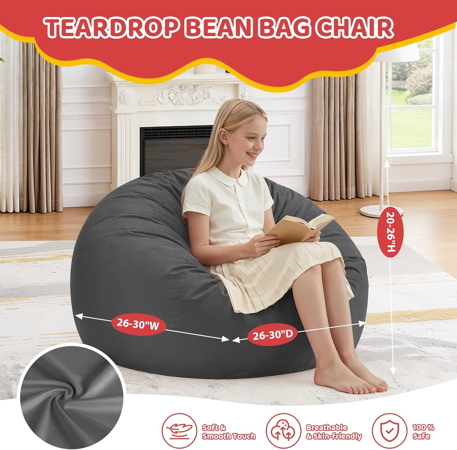 2FT Bean Bag Chair, Comfy Bean Bag Chairs with Memory Foam Filled, Fluffy Beanbag Sofa with Dutch Velvet Cover, Teardrop BeanBag Chairs for Living Room, Playroom - Grey 2FT-28"x28"x22" Grey