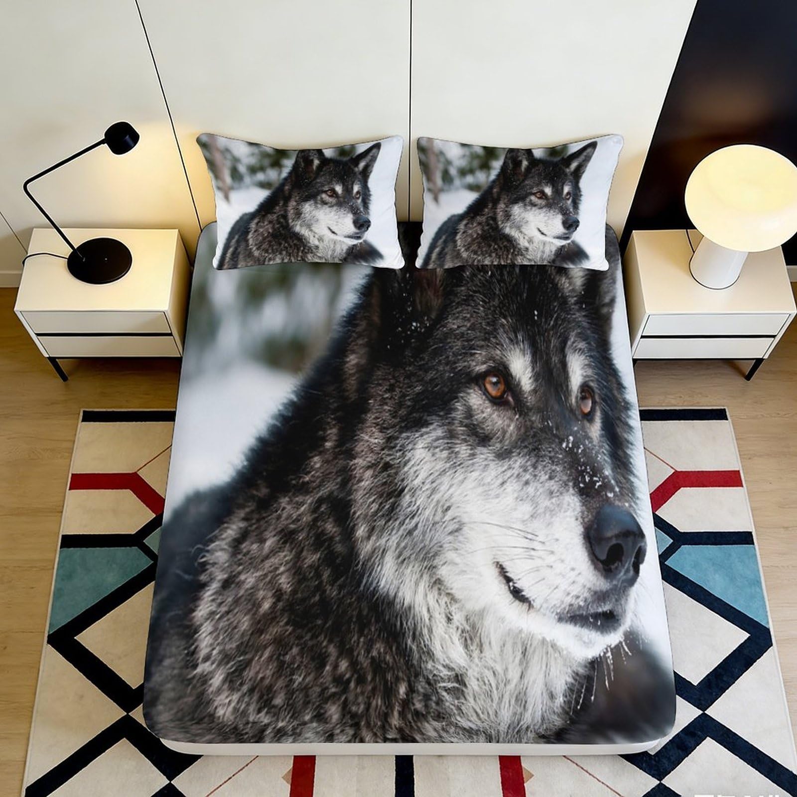 3D Printed Wolf Pattern Fitted Sheet Microfiber Soft Breathable Snow Forest Bed Cover for Bedroom Dormitory Guest Room Mattress Protection 200x200x25cm