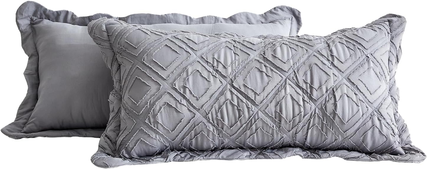 Oversized King Bedspread, Tufted Jacquard Diamond Pattern, Shabby Chic Boho Bohemian Look, Lightweight, 3 Piece, Grey - Image 8