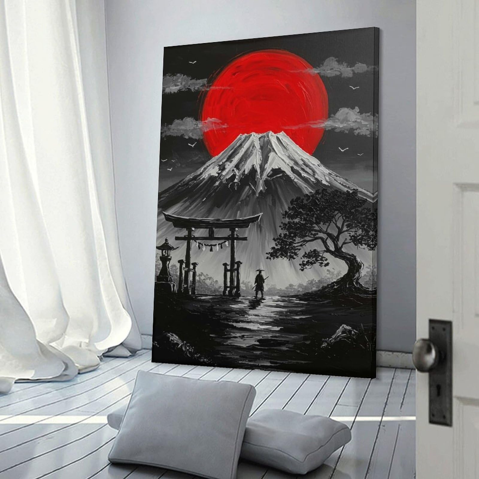 Junmoney Frame-Style-14 Wall Picture Print Mount Fuji, Torii Gate, And Samurai, 20X30inch(50X75cm), For Contemporary Homes, Apartments Or Offices, Decorative Canvas Decor For Home Updates