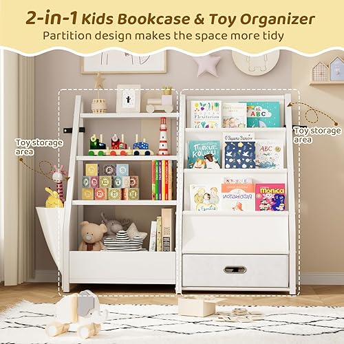 Miniatura 2 de KIDINIX Estantería infantil de 3 niveles y almacenamiento de juguetes, estante para libros con organizador de juguetes, estantería Montessori para